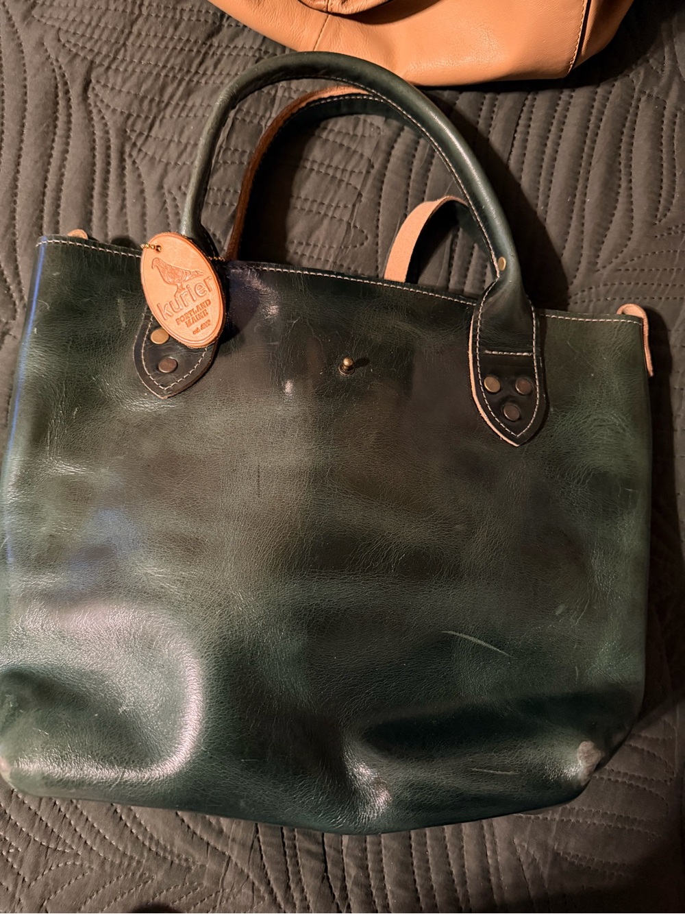 Dark Green Leather Tote with Top Handles